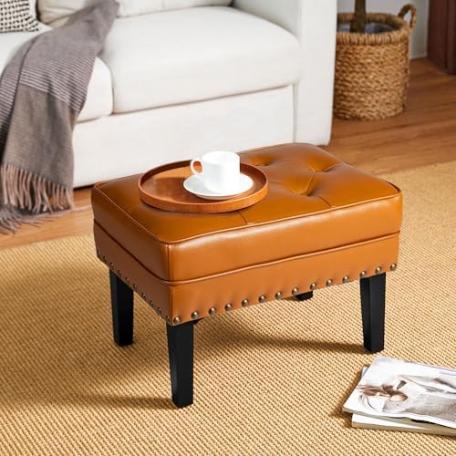 Glitzhome Mid-Century Faux Leather Ottoman, Modern Accent Stool PU Leather Foot Stool, Vanity Stool Ottoman Foot Rest Make Up Stool for Living Room, Cognac