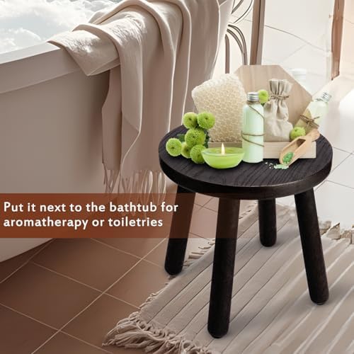 Round Solid Wooden Stool,Plant Stand,Step Stool,Black,11.8" H