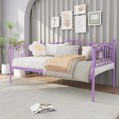GarveeHome Twin Size Daybed Frame, Sofa Bed with Stylish Headboard, Heavy Duty Steel Slat Support, Space Saving for Living Room/Bedroom/Guest Room, Purple