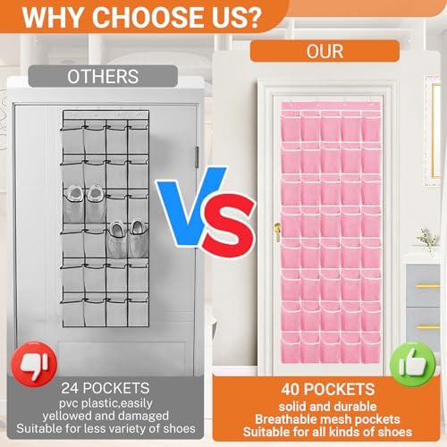 40-Pocket Over the Door Shoe Organizer - Large Mesh Pocket Hanging Shoe Organizer,Behind the Door Shoes Storage Holder Hanger (Pink-W)