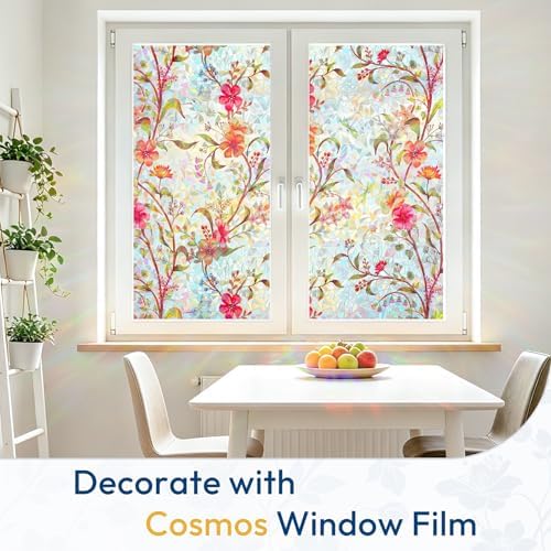rabbitgoo Stained Glass Window Privacy Film, Cosmos Floral, 23.6" x 118.1"