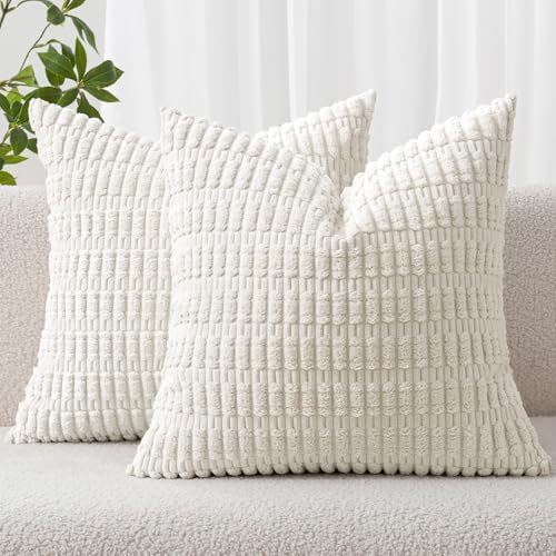 MIULEE Corduroy Decorative Throw Pillow Covers 16x16 Pure White Pack of 2