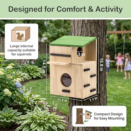 Large Squirrel Houses for Outside, Squirrels Nesting Box with Platform, Solid Wood Squirrel Box, Backyard Squirrel House Squirrels Feeders for Outside