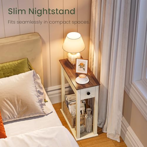 CHOEZON Farmhouse End Table, 2-Tier Narrow Side Table with Drawer, Wooden Nightstand, for Small Space, Living Room, Bedroom