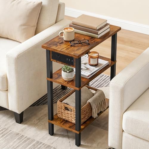 HOOBRO Narrow Side Table, 3-Tier Slim End Table with Charging Station, Skinny Nightstand with Open Storage, for Small Spaces, Living Room, Bedroom, Study, Rustic Brown and Black BF340UBZ01