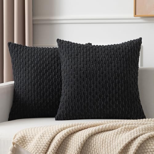 Kevin Textile Soft Corduroy 16x16 Inch Pillow Covers 2 Pack, Black