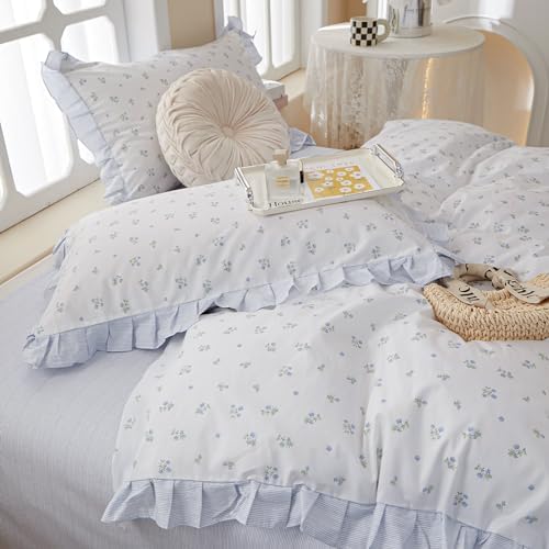 LifeTB Blue Floral Comforter Set Boho Ruffle Comforter Set Queen Vintage Garden Floral Bedding Comforter Soft Fluffy Lightweight Bedding Set Girls Cute Flowers Botanical Comforter with 2 Pillowcases