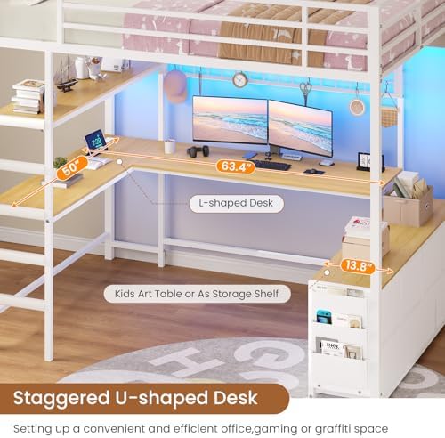 DICTAC Loft Bed Full Size with U-Shaped Desk,7 Storage Drawers and Charging Station,Metal Full Loft Bed with Led Lights and 2-tier Storage Shelves,loft full bed with Safety Guardrail and Ladders,White