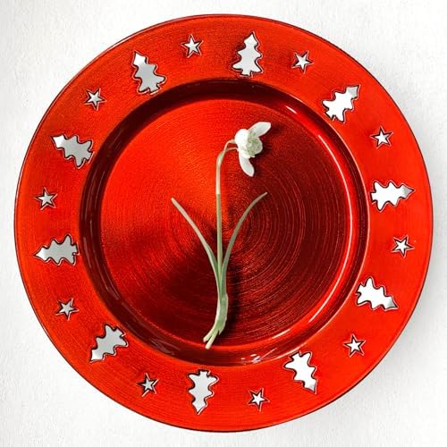 Red Christmas Tree Charger Plates - 13" Reusable Openwork Holidays Party Decorations Round Chargers for Dinner Plate - Elegant Table Setting Centerpieces 6 Pack