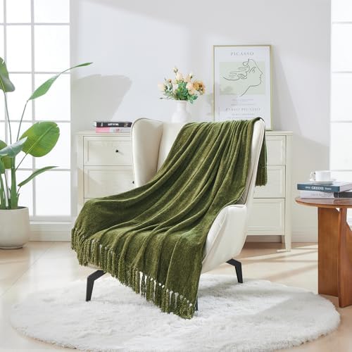 CozeCube Chenille Throw Blanket, Olive Green Fringe Blanket, 50"X60"
