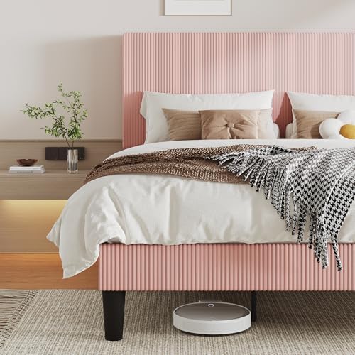 Allewie King Bed Frame, Corduroy Tufted Headboard, Light Pink