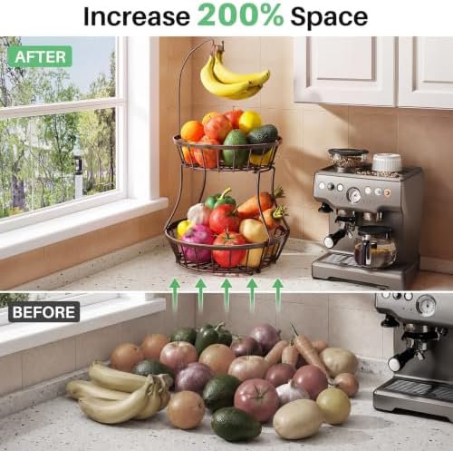 SAYZH 2-Tier Large Fruit Basket Bowl for Kitchen Counter with Banana Hanger