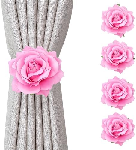 Magnetic Curtain Tiebacks, Rose Flower Tie Backs Rope for Curtains, Elegant 4 Pack Decorative Holdbacks Holders, Home Decor Thin or Sheer Window Drapries Bed Canopy (Pink)