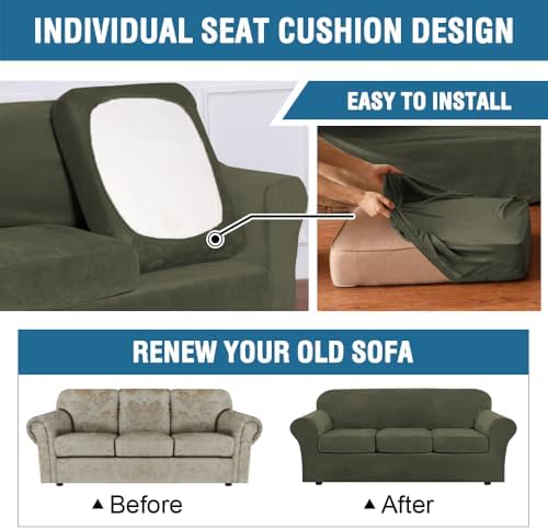 H.VERSAILTEX High Stretch Sofa Slipcover 4 Piece Cover Velvet Furniture Protector Form Fit Thick Velvet Extra Large Sofa Cover for 3 Cushion Couch Width Up to 97 Inch (Large Sofa, Olive)