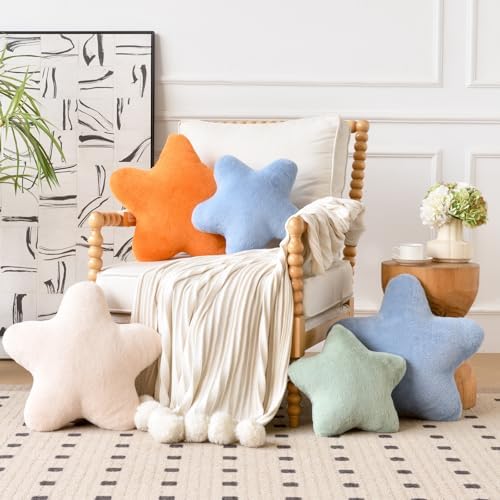 Star Pillow, Decorative Throw Pillows for Bed Couch, 15" Star Shaped Pillow Plush Floor Cushions Room Decor Pillow with Faux Rabbit Fur for Sofa Bedroom Living Room (Grey Blue, 15" x 15")