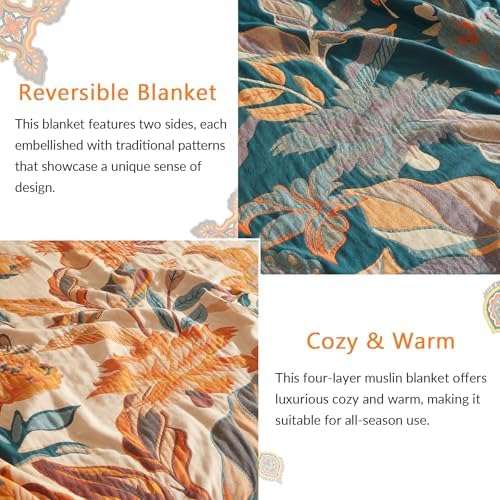 Bailix Boho Throw Blanket, 100% Cotton, Woven Floral Pattern, 60"x80"