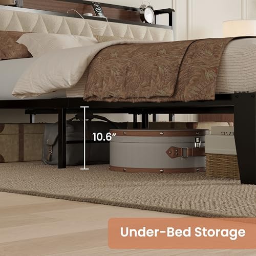 ANCTOR King Size Bed Frame with Headboard and Charging Station, Walnut