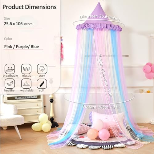 Kertnic Rainbow Bed Canopy for Girls Dreamy Mosquito Net for Bed Round Dome Princess Bed Canopy Girl Room Play Tent Canopy Bed Netting Curtains (Single Layer- Purple)