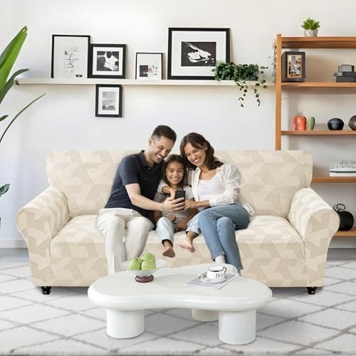 JIVINER 1 Piece Couch Cover for 3 Cushion Couch, Stretch Extra Large Sofa Covers with Elastic Bottom, Washable Oversized Sofa Slipcovers Feature Geometrical Jacquard Fabric (XL Sofa, Beige)