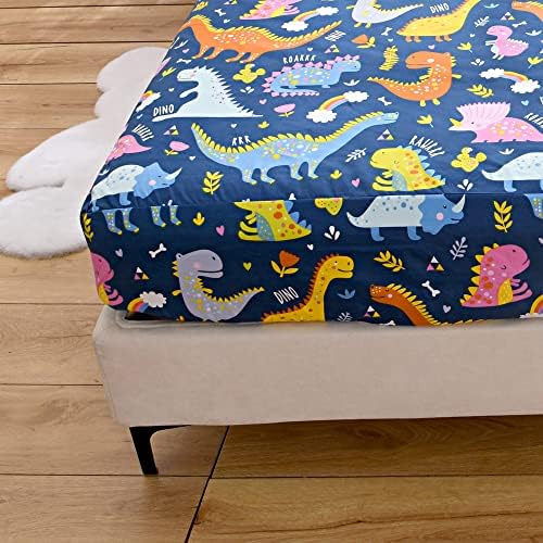 2 Pack Bedding Fitted Sheet with Deep Pocket,Dino Printed Fabric Bed Sheets(Navy Blue(Dinosaur),Twin Pack of 2)