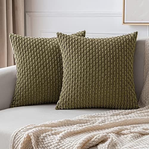 MIULEE Decorative Throw Pillow Covers 20x20 Olive Green Textured Corduroy