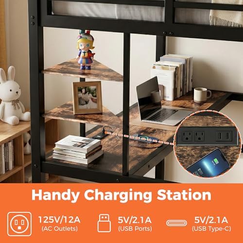 Twin Loft Bed with Desk, USB Charging Station, LED Light and 2 Storage Shelves, Metal Heavy Duty Loft Bed Twin Size for Adults, Teens, No Box Spring Needed, Black