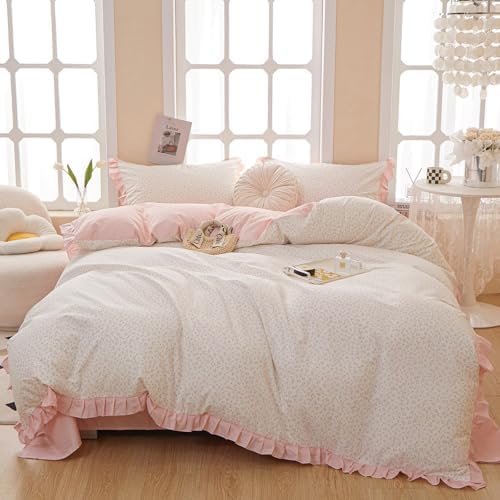 Pink Ruffle Duvet Cover Set 100% Cotton Queen(90"x90"),Pink Flower