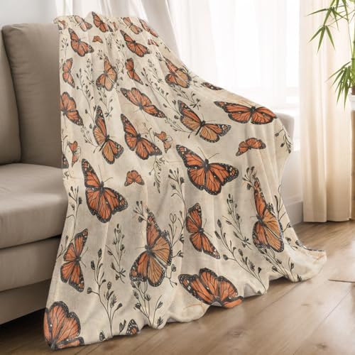 Butterfly Blanket Lightweight Blankets Gifts for Women Flannel Throw with Vintage Monarch Butterflies and Botanical Printed for Sofa, Bed, Picnic, Office, Retro Decor Throws 80x60 Inch