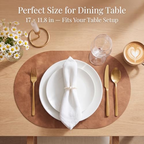 Oval Placemats Set of 4, Wipeable Faux Leather, Light Brown