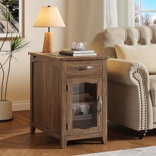 ONBRILL Rustic End Table with Charging Station, Narrow Side Table, Brown