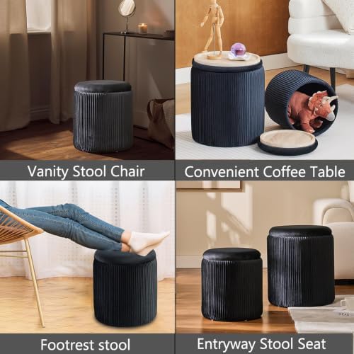 BLEXA Round Storage Ottoman, Set of 2, Velvet Vanity Stool, Black