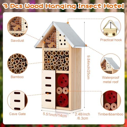 Maitys 3 Pcs Wooden Mason Insect Bee Hotel Butterfly House Natural Ladybug House Bug Hotel for Garden Outdoor Butterfly Ladybugs Live Bee Box Attracts Pollinators, 10 x 5.5 x 2.5 Inch