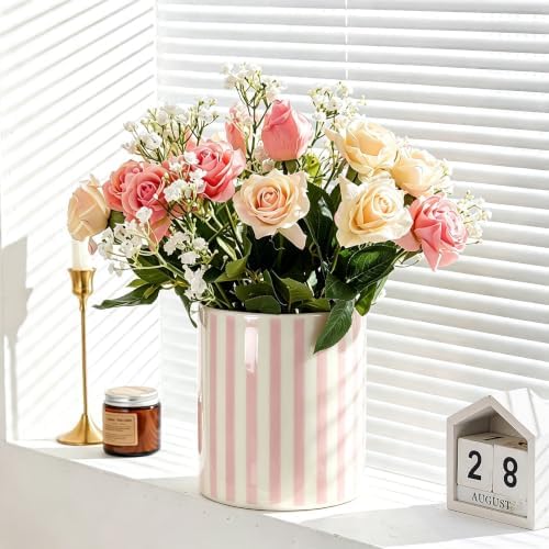 Kitchen Utensil Holder,7.2-inch Extra Large Ceramic Stripes Pattern Utensil Crock,Cooking Utensil Organizer for Kitchen Counter Decor,Storage Caddy Farmhouse Gift Yellow Pink