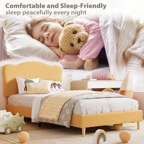 Garvee Upholstered Twin Size Bed Frame for Kids with Scallop Headboard, Cute Velvet Twin Bed for Girls, Boys, Sturdy Platform Bed, No Box Spring Needed, Wooden Slats, Noise Free, Yellow