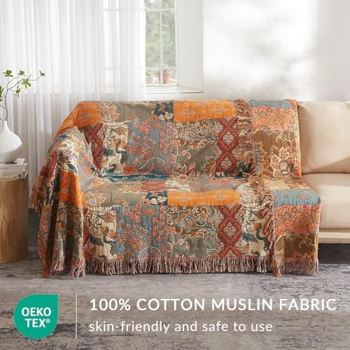 Bailix Boho Throw Blanket, 100% Cotton, Woven Floral Pattern, 80"x90"