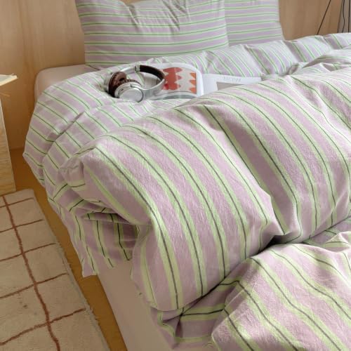 AOJIM Striped Duvet Cover King 100% Washed Cotton 3 Pieces Vintage Bedding