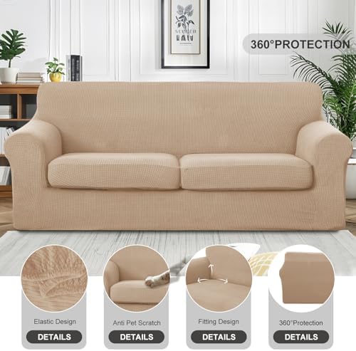 3 Pieces Stretch Couch Cover for 2 Cushion, Sofa, Camel