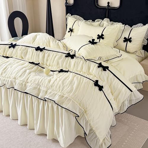 Ruffle Beddding Set with Bowtie,Chic Lace Bedding,Girls Twin Aesthetic Comforter Cover Set,Romantic French Princess Style Ruffled Duvet Cover with Lovely Bow with Zipper Closure
