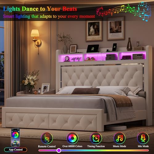 Keyluv Queen Velvet LED Bed Frame with 2 Drawers & Charging Station, Beige