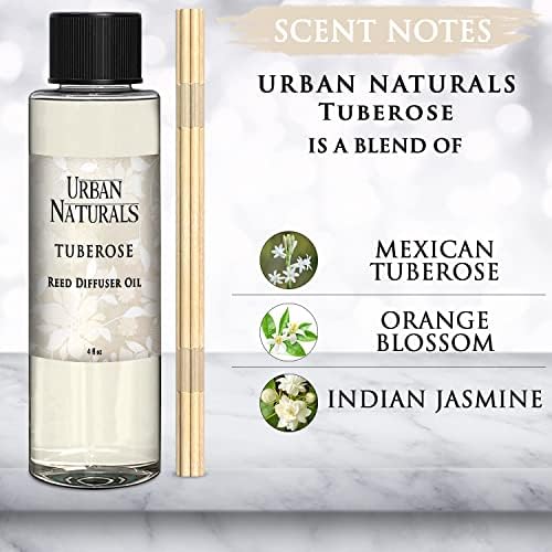 Urban Naturals Tuberose Reed Diffuser Oil Refill + Replacement Reed Sticks ~ A Blend of Exotic Tuberose & Fragrant Orange Blossom 4 oz. | Home Gift Idea. Vegan.