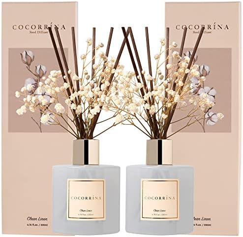 Cocorrína Reed Diffuser Set, 6.7 fl.oz Clean Linen 2 Packs Scented Diffuser with Sticks Home Fragrance Reed Diffuser for Bathroom Shelf Decor