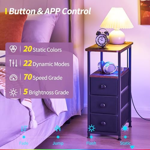 DALEMHOME Narrow End Table with Charging Station, Narrow Side Table with Drawer, Small Nightstand with LED Light, Skinny Nightstand, Small Bedside Table for Living Room, Bedroom, Couch, Rustic Brown