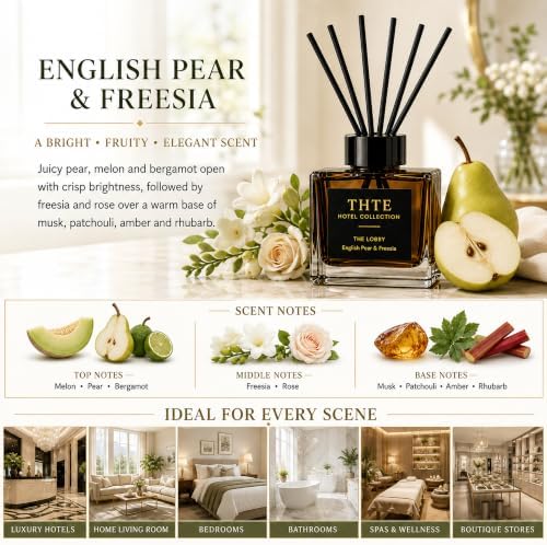 Hotel Reed Diffuser Set, 6.7 fl oz, English Pear and Freesia with Melon, Bergamot, Rose, Amber and Musk, Long-Lasting Home Fragrance for Bedroom, Living Room and Office