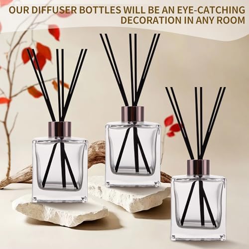 6 Pack Perfume Reed Diffuser Bottle,Empty Square Essential Oil Bottles Glass Jar with Black Sticks for DIY Fragrance Replacement Diffuser Sets (200ml/6.8 oz, Transparent Color)