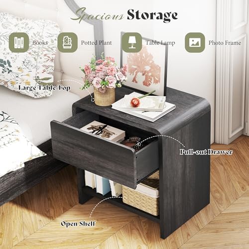 AMERLIFE Nightstands Set of 2 with Storage Drawer & Shelves, Black