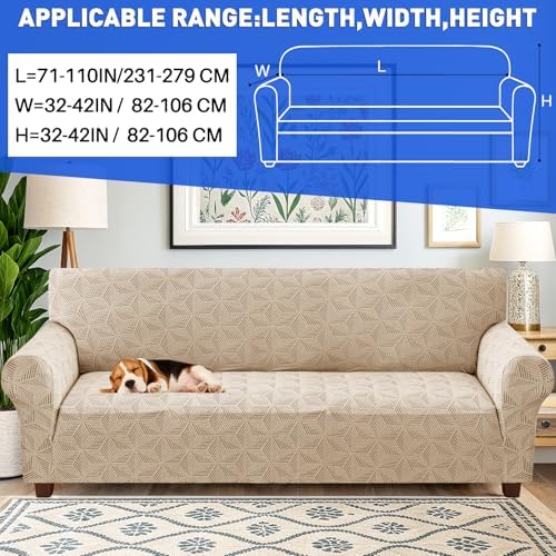 YEMYHOM 1 Piece Stretch Oversized Couch Covers for 4 Seat, Jacquard Extra Large Sofa Cover with Non-Slip Elastic Bottom, Thickened Slipcover Furniture Protector for Dogs Pets (X-Large, Khaki）