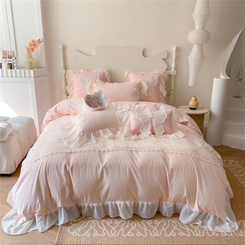 Ruffled Bedding Bow Duvet Cover -Twin Size Pink Chic Lace Bedding Set with Cute Bowtie-2 Pieces Soft Comforter Cover Set with Zipper Closure-Romantic French Princess Style-No Comforter-Pink,Twin Size