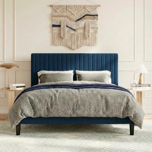 SHA CERLIN Queen Upholstered Platform Bed Frame with Vertical Channel Tufted Velvet Fabric Adjustable Headboard, Wooden Slats Support, Mattress Foundation, Box Spring Optional, Blue