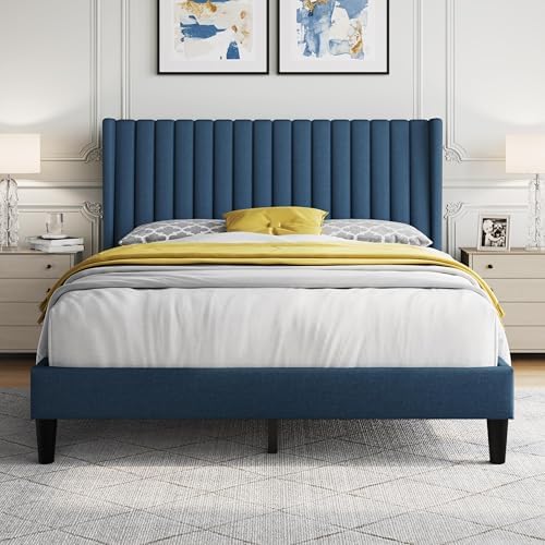 Yaheetech Queen Bed Frame with Headboard, Navy Blue Channel-Tufted Platform