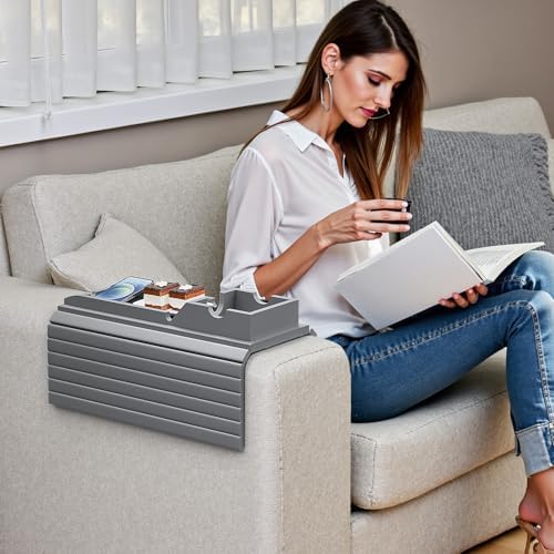 Bestjing Bamboo Couch Armrest Table with Detachable Cup Holder Tray (Gray)